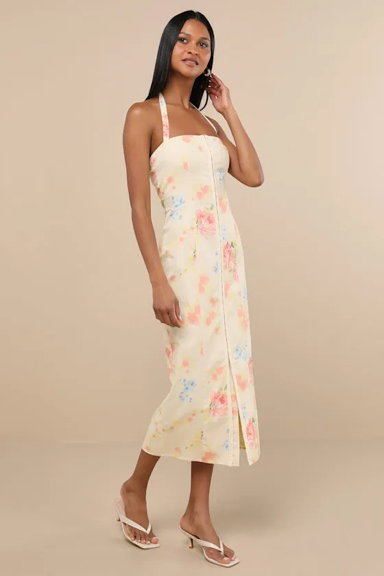 Arrosa Light Yellow Floral Halter Midi Dress sold by Lulus product image thumbnail 4