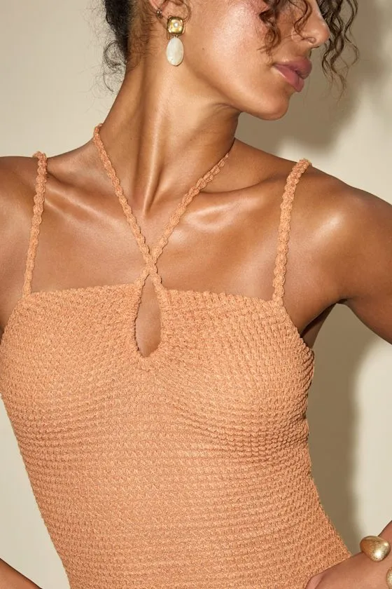 Lehua Light Orange Textured Knit Cutout Bodysuit sold by Lulus