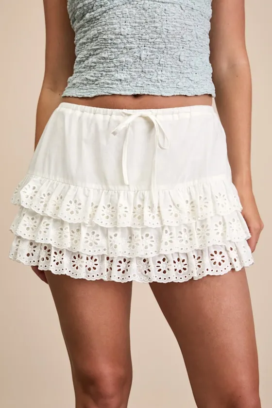 Breya Ivory Cotton Eyelet Embroidered Tiered Mini Skort sold by Lulus product image thumbnail 2