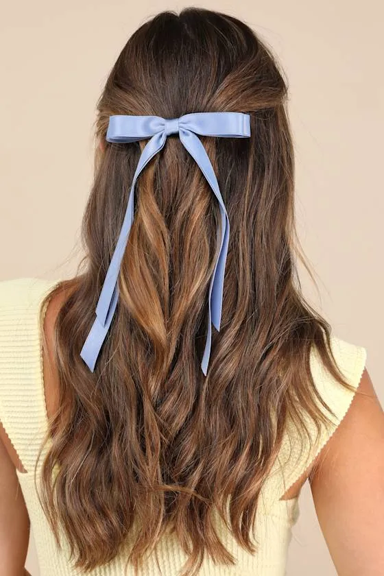 Charice Blue Long Ribbon Bow Hair Clip sold by Lulus
