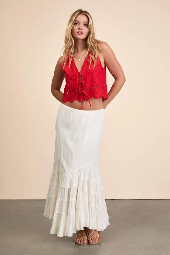 Linnea Red Eyelet Embroidered Tie-Front Top sold by Lulus product image thumbnail 4