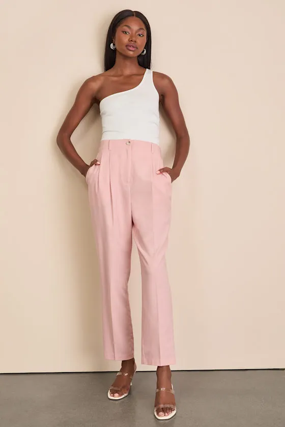 Sophisticated Company Light Pink Linen Straight Leg Trousers sold by Lulus