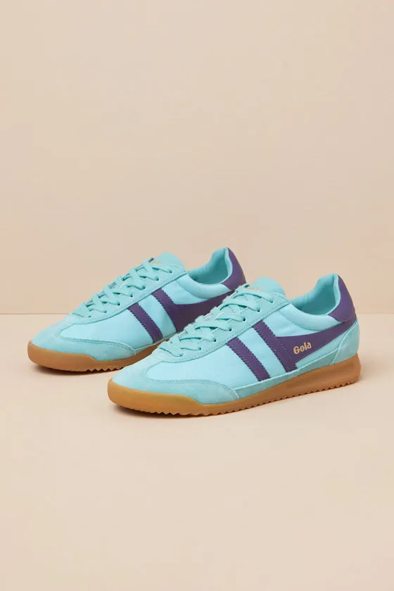 Tornado Sea Mist and Plum Color Block Suede Leather Sneakers sold by Lulus