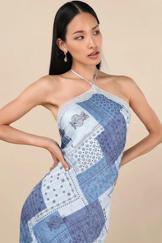 Ellira Blue Patchwork and Paisley Print Halter Maxi Dress sold by Lulus