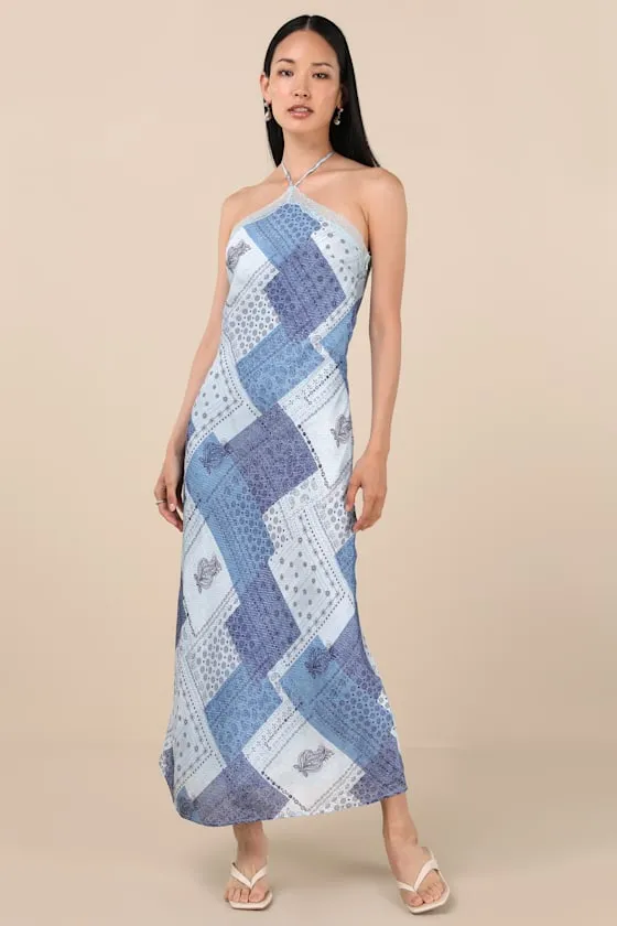 Ellira Blue Patchwork and Paisley Print Halter Maxi Dress sold by Lulus product image thumbnail 2