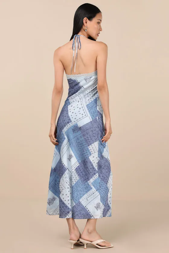 Ellira Blue Patchwork and Paisley Print Halter Maxi Dress sold by Lulus product image thumbnail 3