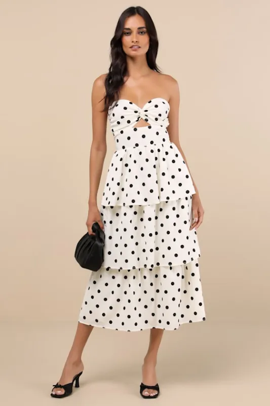 Modie White Polka Dot Twist-Front Lace-Up Midi Dress sold by Lulus