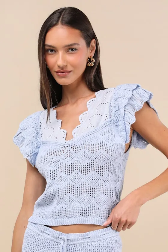 Caroline Light Blue Crochet Knit Flutter Sleeve Top sold by Lulus