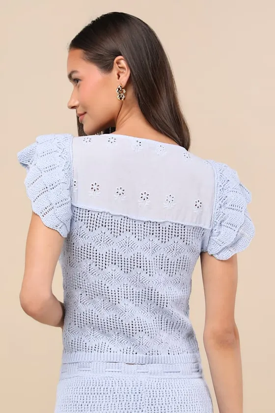 Caroline Light Blue Crochet Knit Flutter Sleeve Top sold by Lulus product image thumbnail 2