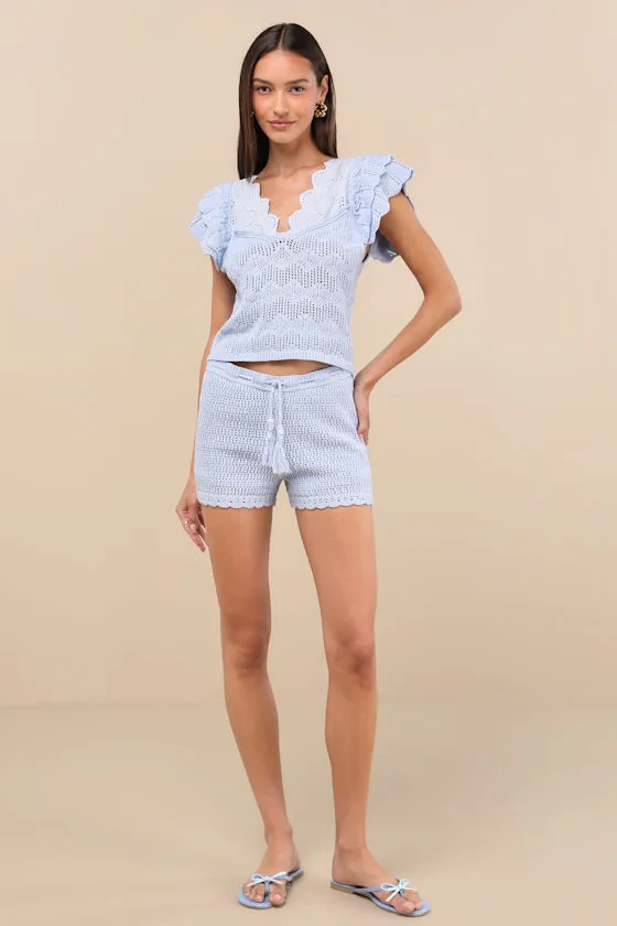 Caroline Light Blue Crochet Knit Flutter Sleeve Top sold by Lulus product image thumbnail 3