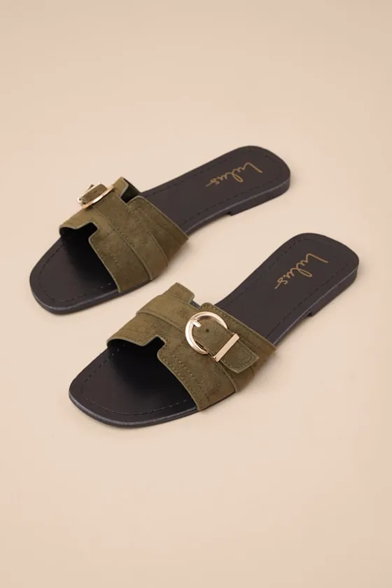 Edetta Olive Suede Buckle Slide Sandals sold by Lulus product image thumbnail 2