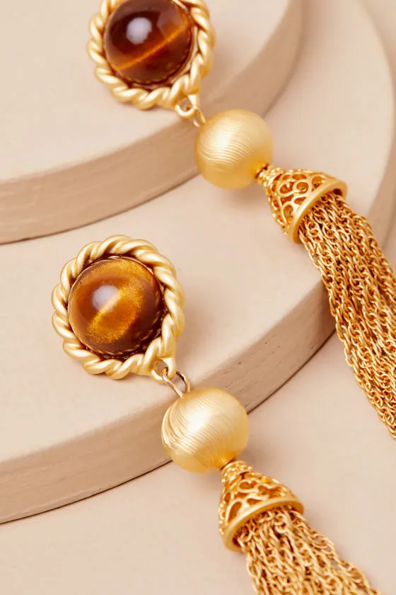 Nymph Gold Tigers Eye Tassel Statement Earrings sold by Lulus product image thumbnail 2