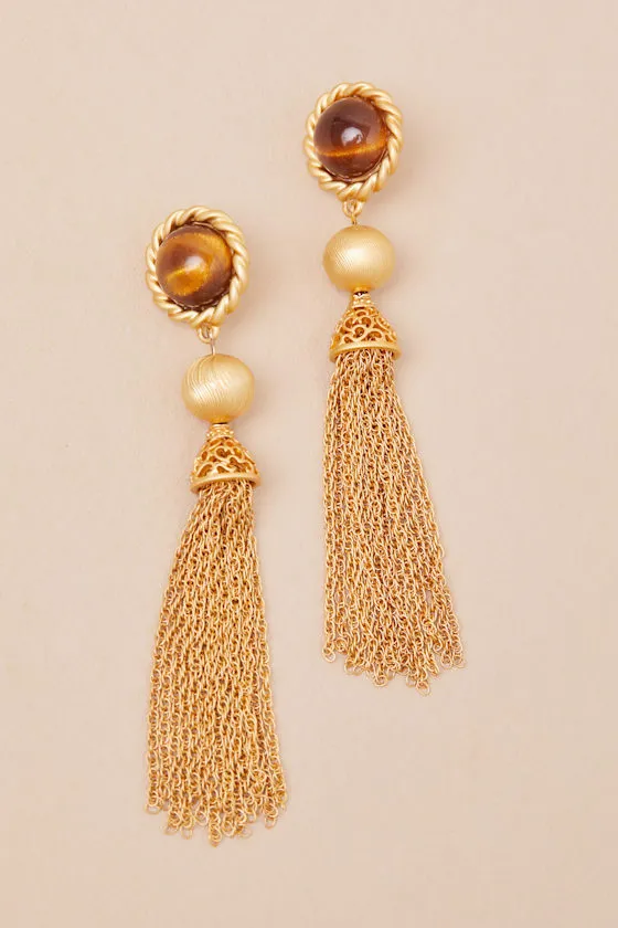 Nymph Gold Tigers Eye Tassel Statement Earrings sold by Lulus product image thumbnail 3