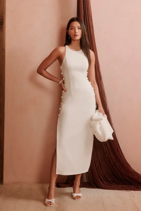 Masterfully Mod White Side Button Midi Dress sold by Lulus
