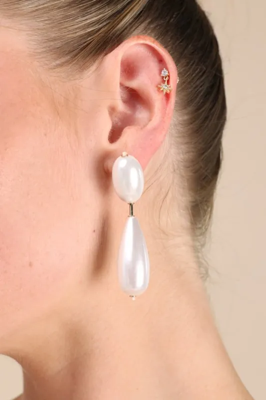 Dimone White Pearl Drop Earrings sold by Lulus