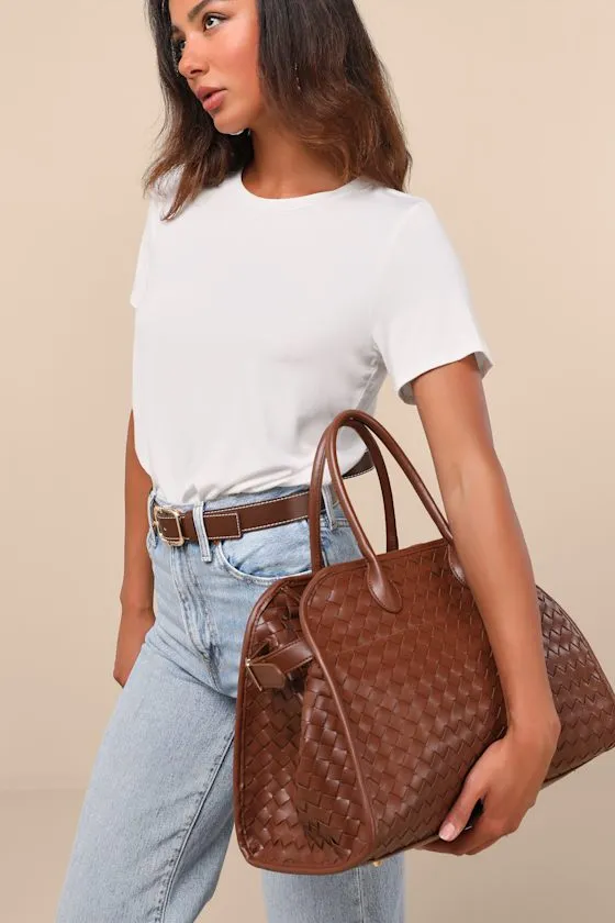 Domeka Brown Woven Vegan Leather Weekender Bag sold by Lulus