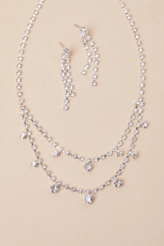 Ameliana Silver Rhinestone Necklace and Earring Set sold by Lulus product image thumbnail 2