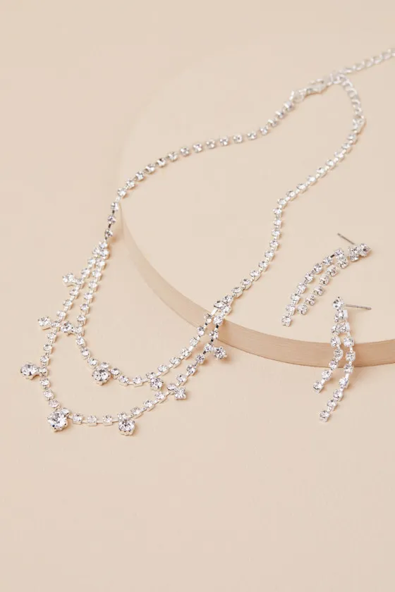 Ameliana Silver Rhinestone Necklace and Earring Set sold by Lulus product image thumbnail 4