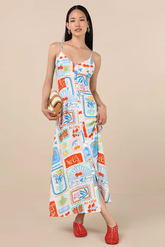 Sanya Ivory Multi Print Button-Front Sleeveless Midi Dress sold by Lulus