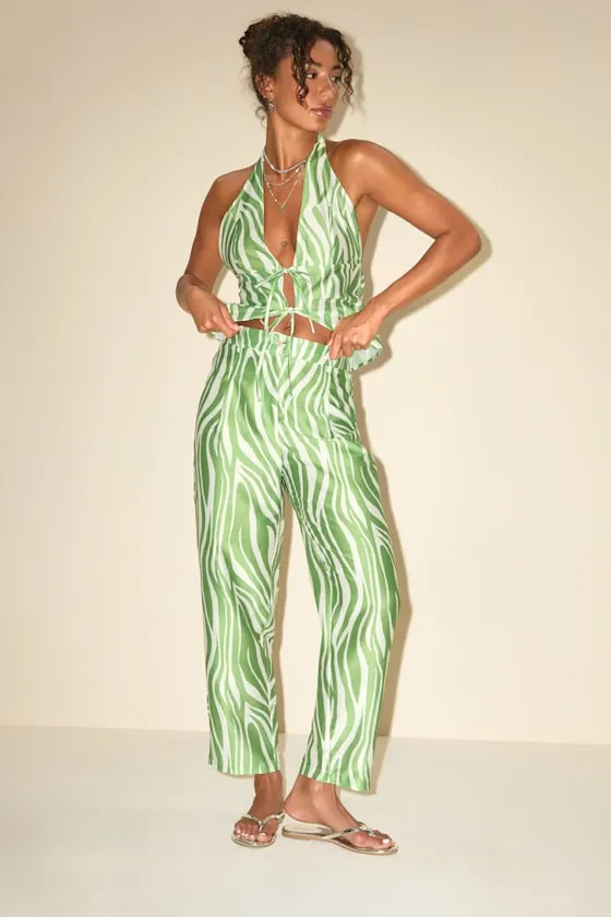 Meris Green and Ivory Zebra Print Mid-Rise Trouser Pants sold by Lulus