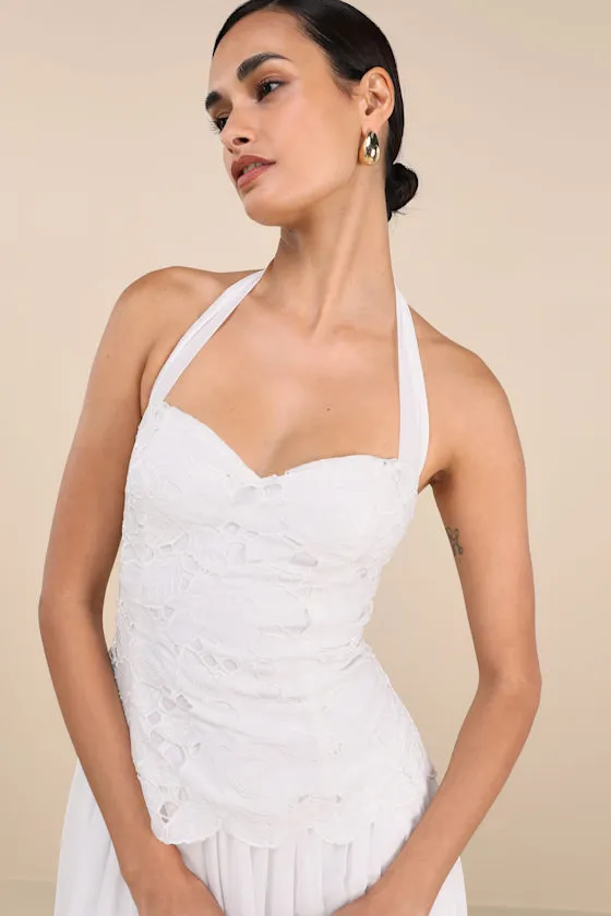 Alysanne White Embroidered Drop Waist Halter Midi Dress sold by Lulus