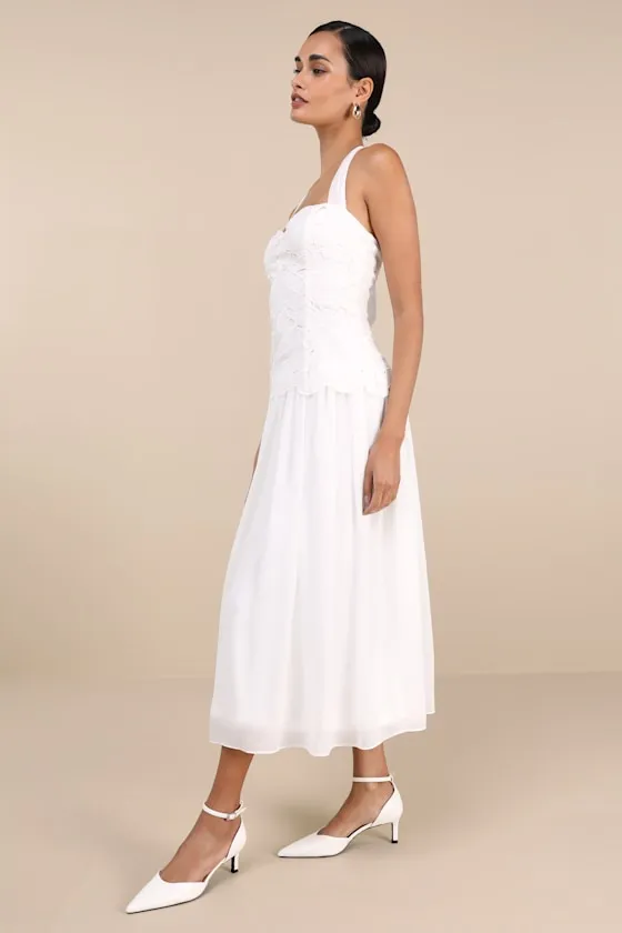 Alysanne White Embroidered Drop Waist Halter Midi Dress sold by Lulus product image thumbnail 3