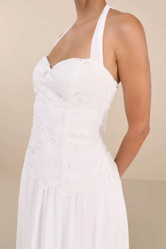 Alysanne White Embroidered Drop Waist Halter Midi Dress sold by Lulus product image thumbnail 4