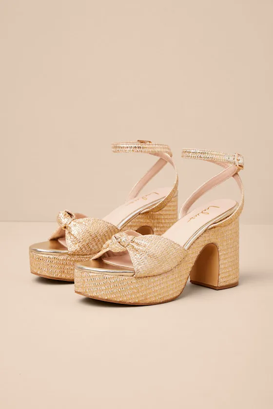 Rosamond Gold Raffia Knotted Platform High Heel Sandals sold by Lulus product image thumbnail 2