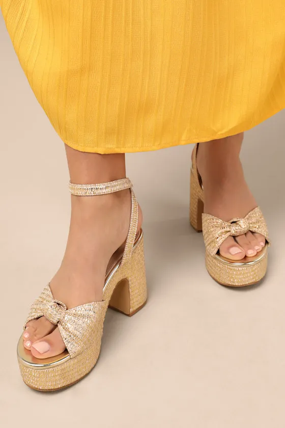 Rosamond Gold Raffia Knotted Platform High Heel Sandals sold by Lulus product image thumbnail 3