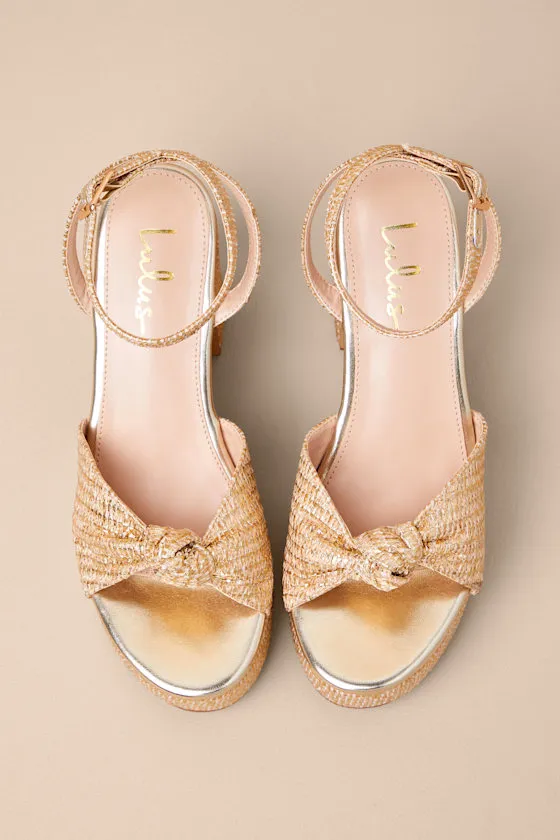 Rosamond Gold Raffia Knotted Platform High Heel Sandals sold by Lulus product image thumbnail 4