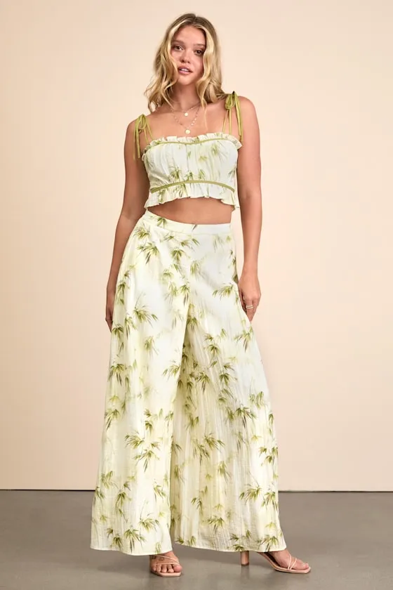 Alvima Beige Multi Leaf Print Wide-Leg Pants sold by Lulus