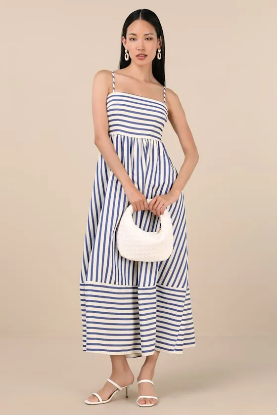Exceptionally Pristine Blue and Cream Striped Cutout Midi Dress sold by Lulus