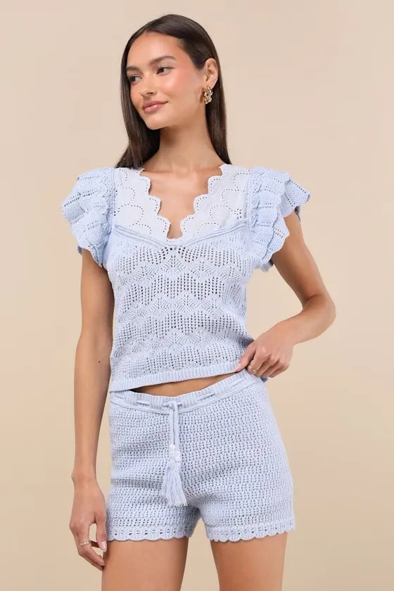Caroline Light Blue Crochet Knit Shorts sold by Lulus