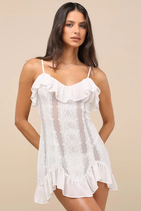 Trinity White Sheer Lace Ruffled Lingerie Slip sold by Lulus