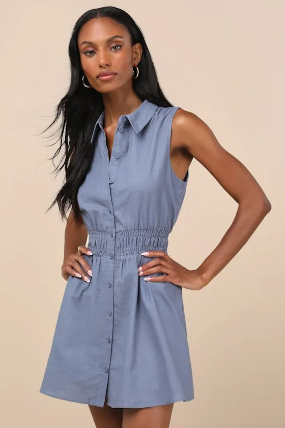 Jaliyah Blue Collared Button-Front Mini Dress sold by Lulus