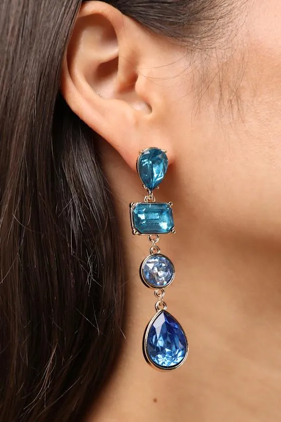 Lane Blue Rhinestone Drop Earrings sold by Lulus