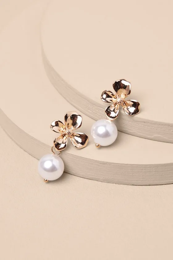 Yarelis Gold Flower Pearl Drop Earrings sold by Lulus product image thumbnail 2