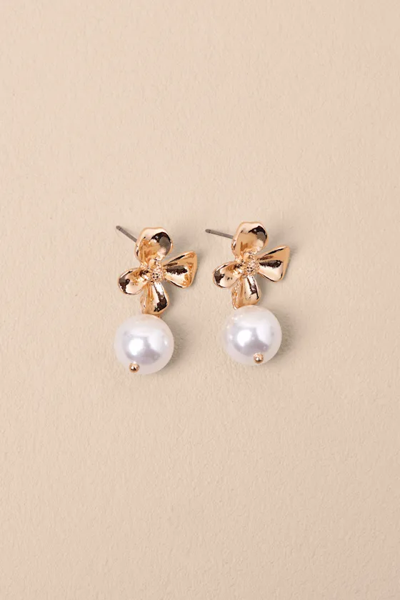 Yarelis Gold Flower Pearl Drop Earrings sold by Lulus product image thumbnail 4