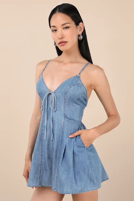 Everyn Blue Chambray Backless A-Line Romper sold by Lulus