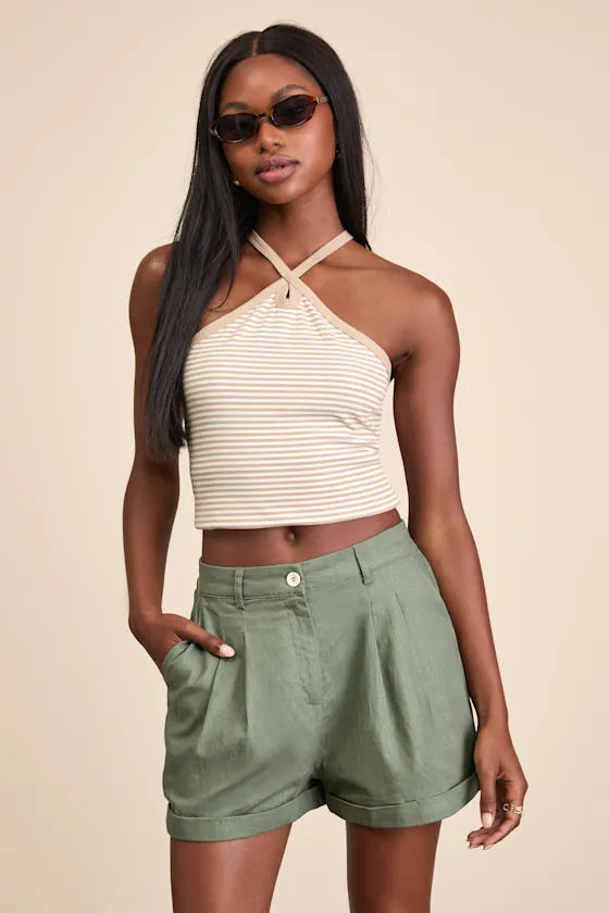 Winford Dark Sage Pleated High-Rise Cuffed Shorts sold by Lulus