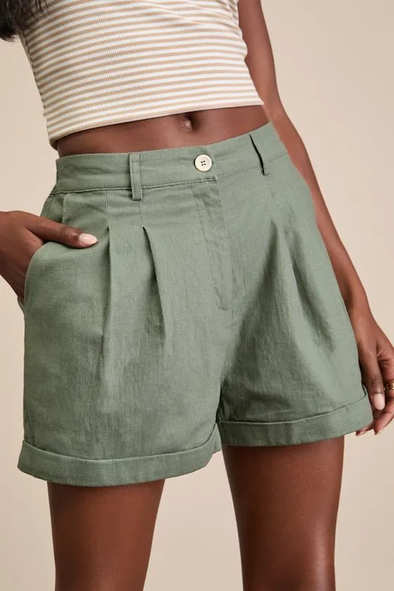 Winford Dark Sage Pleated High-Rise Cuffed Shorts sold by Lulus product image thumbnail 2