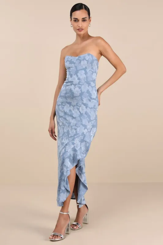 Mabriella Slate Blue Floral Burnout Ruffled Maxi Dress sold by Lulus