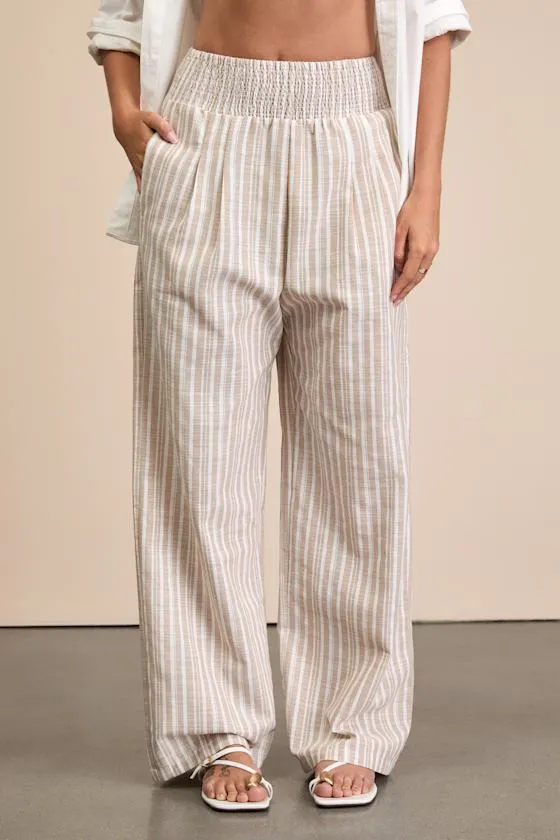 Breezy Getaway Beige and White Striped Linen Wide-Leg Pants sold by Lulus product image thumbnail 2
