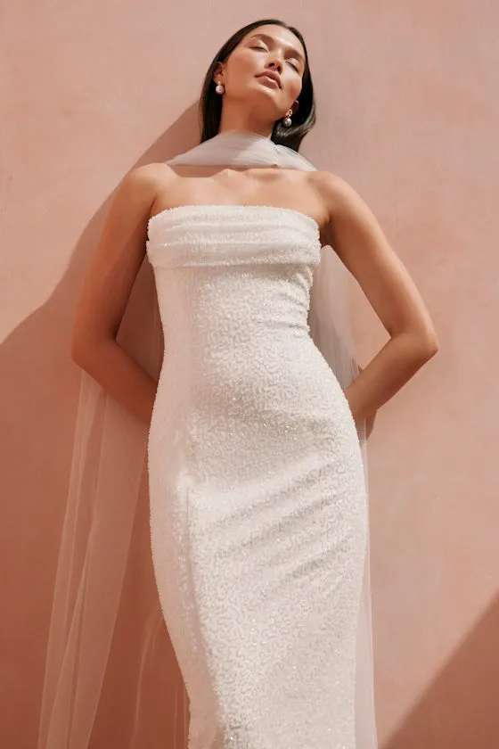 Catriona White Beaded Cowl Neck Strapless Midi Dress sold by Lulus