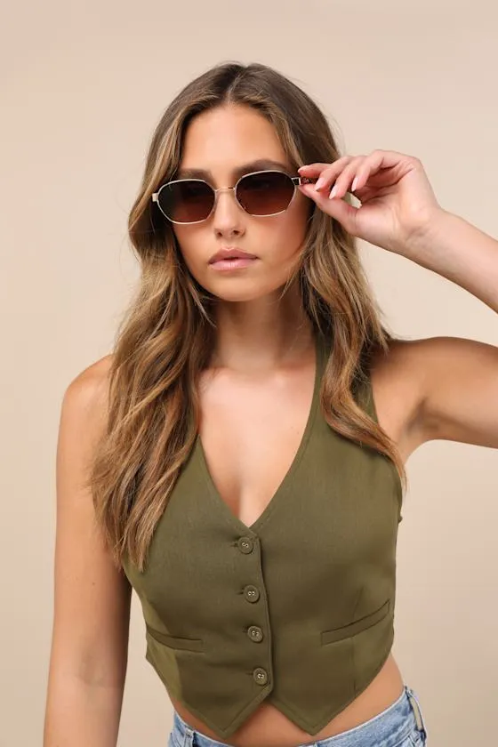 Edda Gold and Brown Oval Wire Sunglasses sold by Lulus product image thumbnail 3