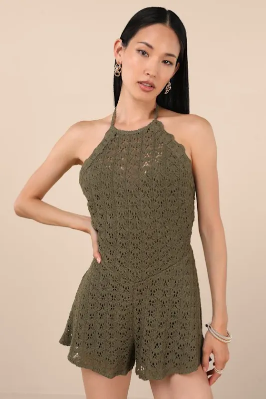 Tovia Olive Pointelle Knit Tie-Back Halter Romper sold by Lulus
