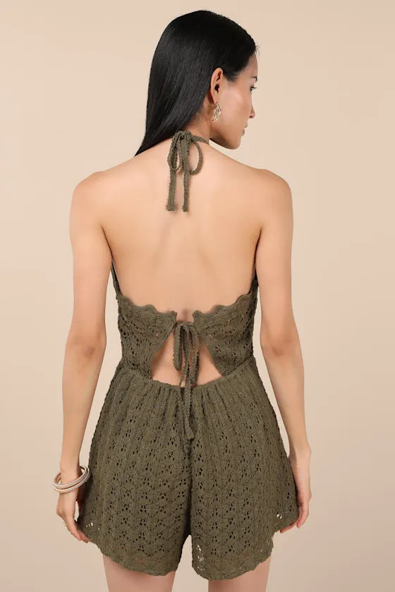 Tovia Olive Pointelle Knit Tie-Back Halter Romper sold by Lulus product image thumbnail 2
