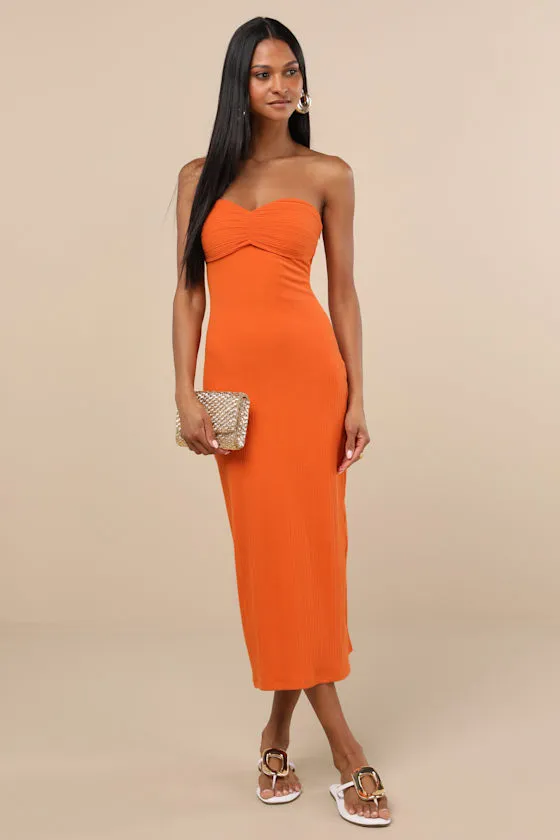 Basilia Orange Ribbed Strapless Midi Dress sold by Lulus