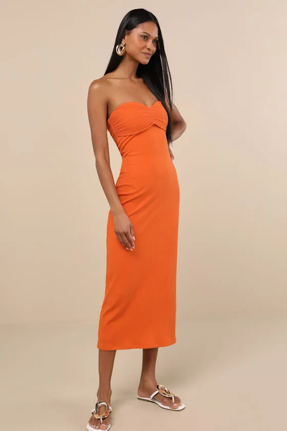 Basilia Orange Ribbed Strapless Midi Dress sold by Lulus product image thumbnail 3