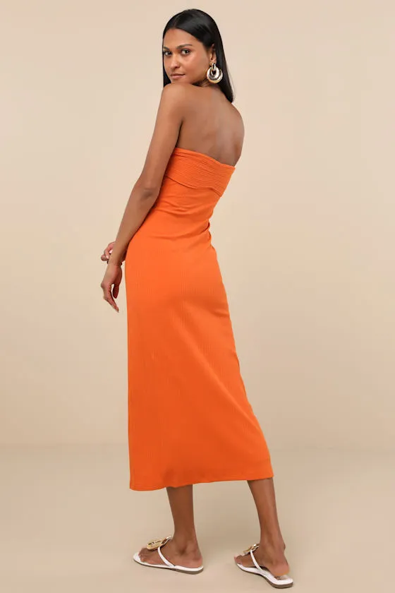 Basilia Orange Ribbed Strapless Midi Dress sold by Lulus product image thumbnail 4